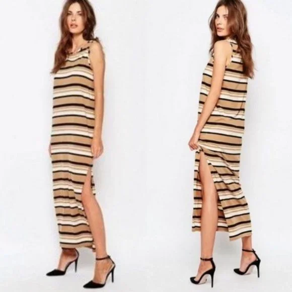 ASOS Sisley Sleeveless Jersey Stripe Dress Midi Slit - Picture 1 of 5